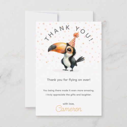Cute baby toucanfly on over kids birthday  thank you card