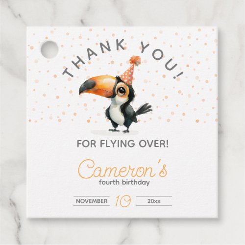 Cute baby toucan fly on over kids birthday favor tags
