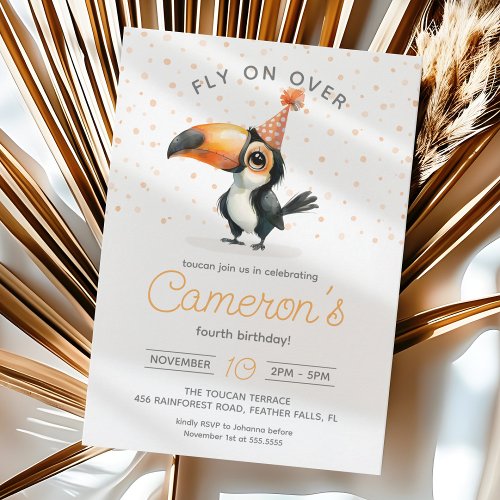 Cute baby toucan fly on over kids birthday  invitation