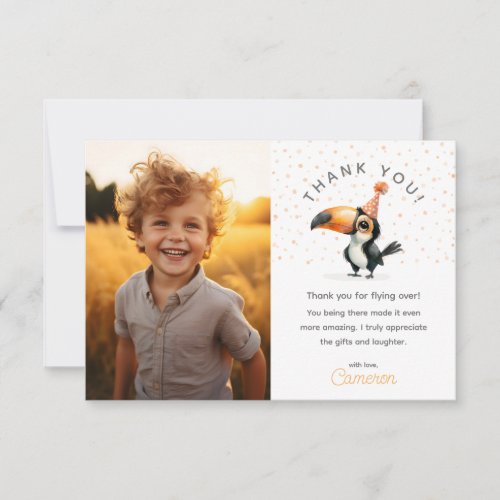 Cute baby toucan fly on over kids birthday photo thank you card