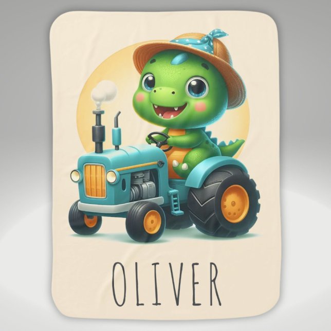 Cute Baby Trex Dinosaur Driving a Blue Tractor  Baby Blanket (Creator Uploaded)