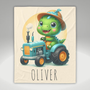 Cute Baby Trex Dinosaur Driving a Blue Tractor  Fleece Blanket