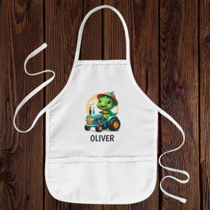 Cute Baby Trex Dinosaur Driving a Blue Tractor Kids' Apron