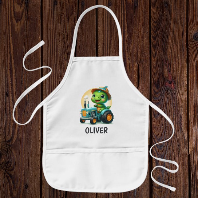 Cute Baby Trex Dinosaur Driving a Blue Tractor  Kids' Apron (Creator Uploaded)
