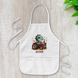 Cute Baby Trex Dinosaur Driving Red Tractor  Kids' Apron