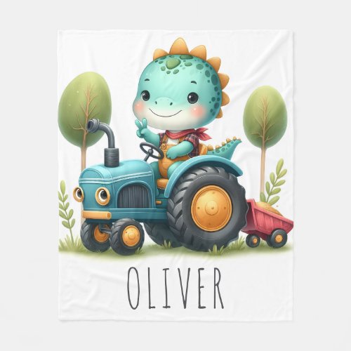 Cute Baby Trex Dinosaur on a Blue Tractor  Fleece Blanket