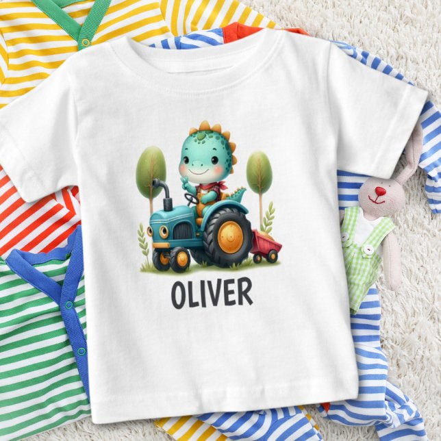 Cute Baby Trex Dinosaur on a Blue Tractor T-Shirt (Creator Uploaded)