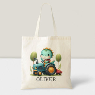 Cute Baby Trex Dinosaur on a Blue Tractor  Tote Bag