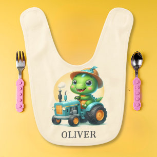 Cute Baby Trex Dinosaur on Blue Tractor  Bib