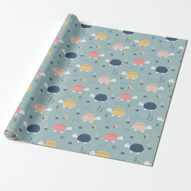 Cute Baby Turtle Pattern in Blue Wrapping Paper (Unrolled)
