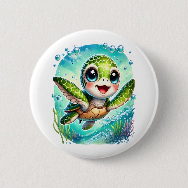 Cute Baby Turtle Swimming in Ocean Button (Front)