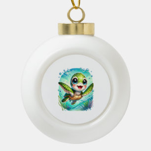 Cute Baby Turtle Swimming in Ocean Ceramic Ball Christmas Ornament