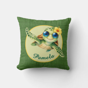 Cute Baby Turtle with Blue Sunglasses and Hibiscus Throw Pillow