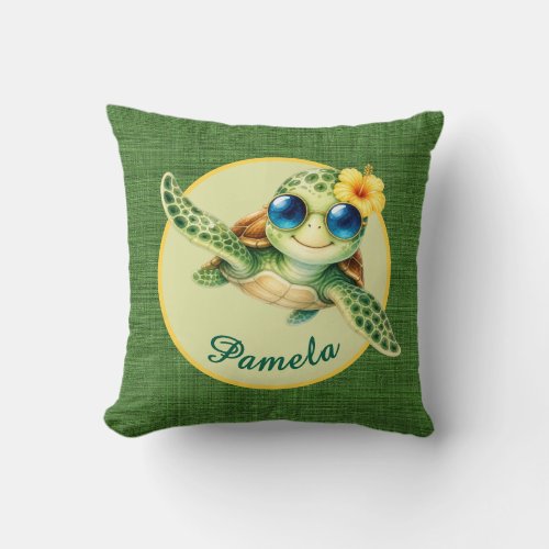 Cute Baby Turtle with Blue Sunglasses and Hibiscus Throw Pillow