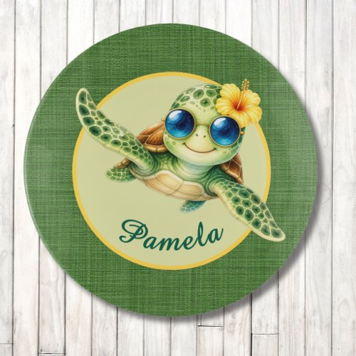 Cute Baby Turtle with Blue Sunglasses and Hibiscus Trinket Tray