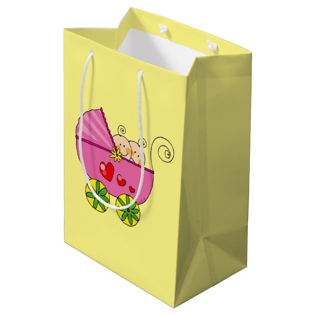 cute baby twin girls pink pram baby shower medium gift bag (Back Angled)