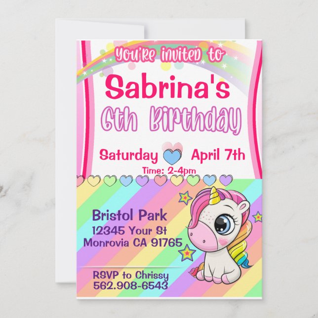 Cute baby Unicorn 6th birthday invitation (Front)