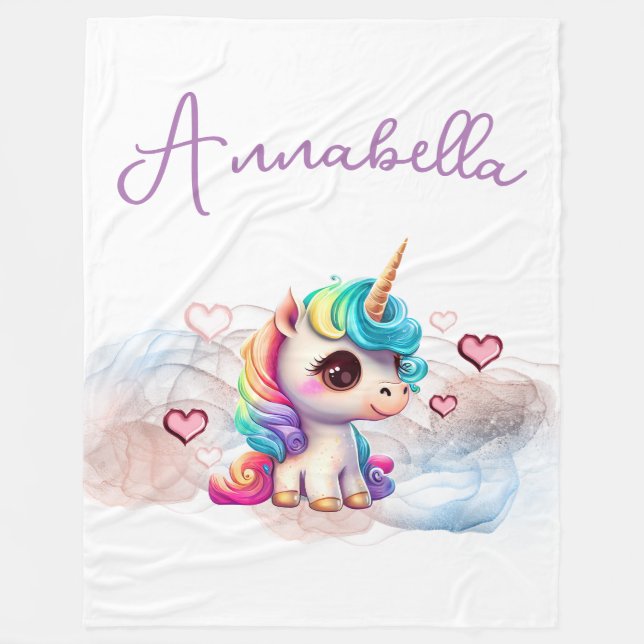 Cute Baby Unicorn and Hearts Fleece Blanket (Front)