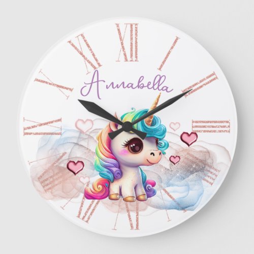 Cute Baby Unicorn and Hearts Large Clock