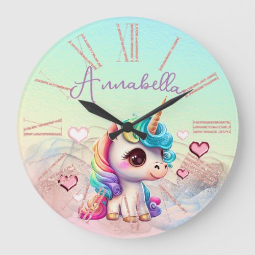 Cute Baby Unicorn and Hearts on Rainbow Large Clock