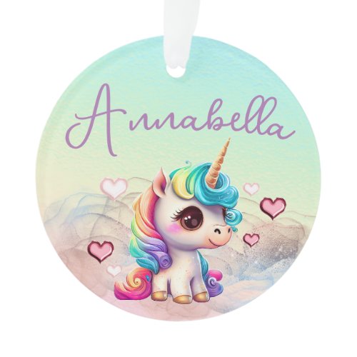 Cute Baby Unicorn and Hearts on Rainbow Ornament