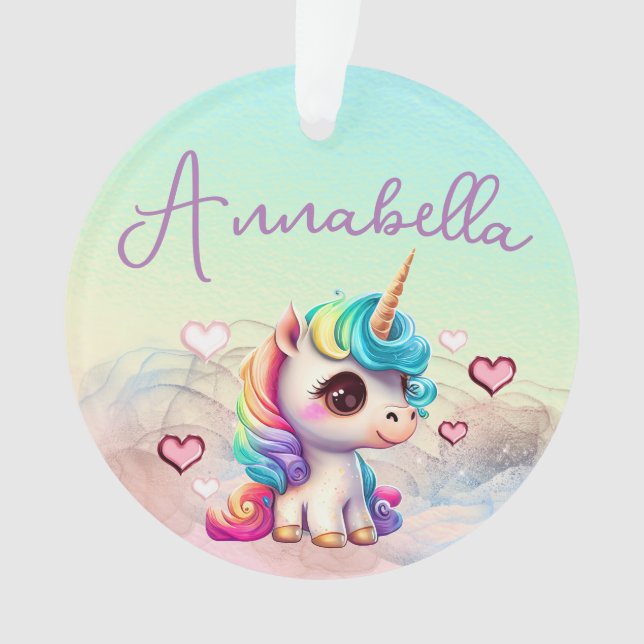 Cute Baby Unicorn and Hearts on Rainbow Ornament (Front)