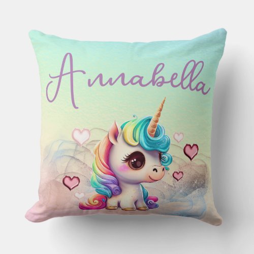 Cute Baby Unicorn and Hearts on Rainbow Throw Pillow