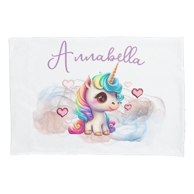 Cute Baby Unicorn and Hearts Pillow Case (Front)