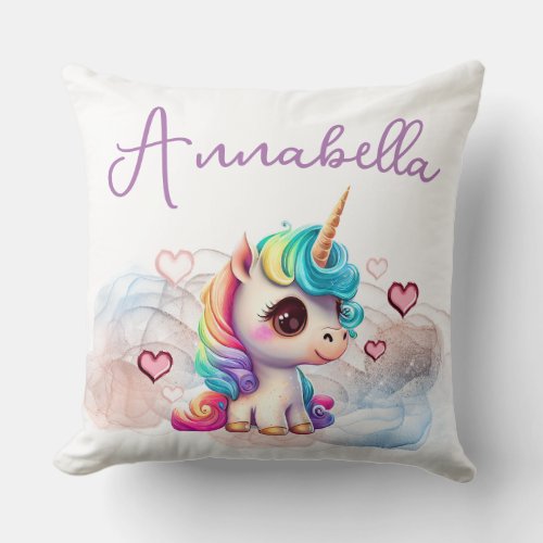 Cute Baby Unicorn and Hearts Throw Pillow