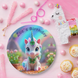 Cute baby unicorn and rainbow, girls birthday paper plates
