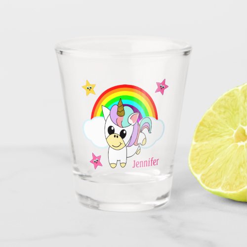 Cute Baby Unicorn and Rainbows Shot Glass