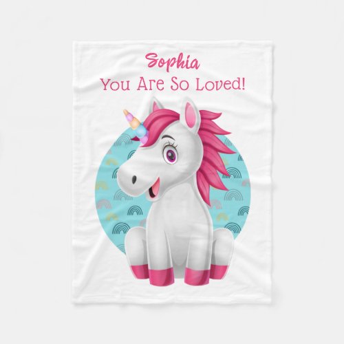 Cute Baby Unicorn Art Childs Name  Message Fleece Blanket