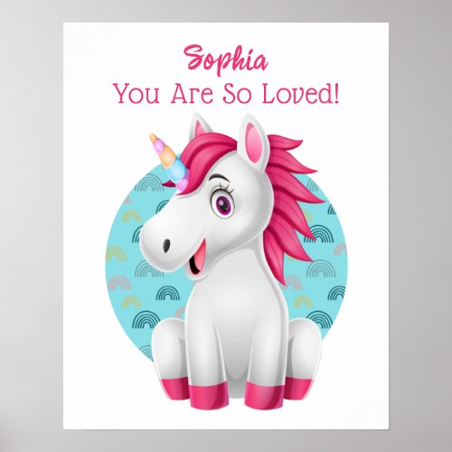 Cute Baby Unicorn Art Childs Name  Message Poster