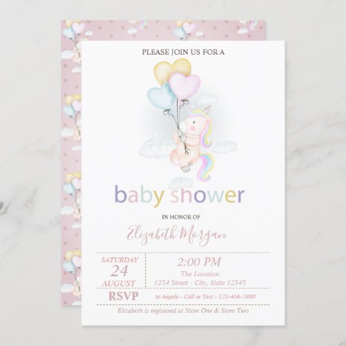 Cute Baby Unicorn Balloons Baby Shower Invitation