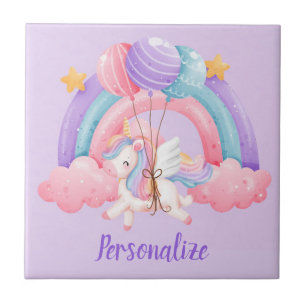 Cute Baby Unicorn Balloons Rainbow Colors Ceramic Tile