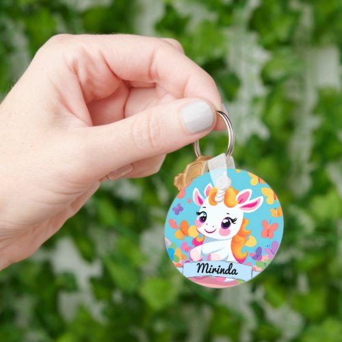 Cute Baby Unicorn Butterfly Custom Name Keychain