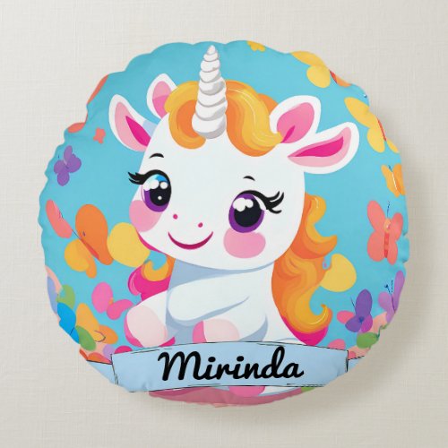 Cute Baby Unicorn Butterfly Custom Name Round Pillow