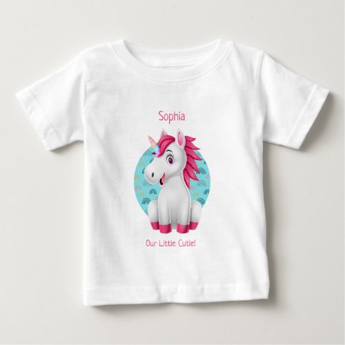 Cute Baby Unicorn Cartoon DIY Name  Pink Text Baby T_Shirt