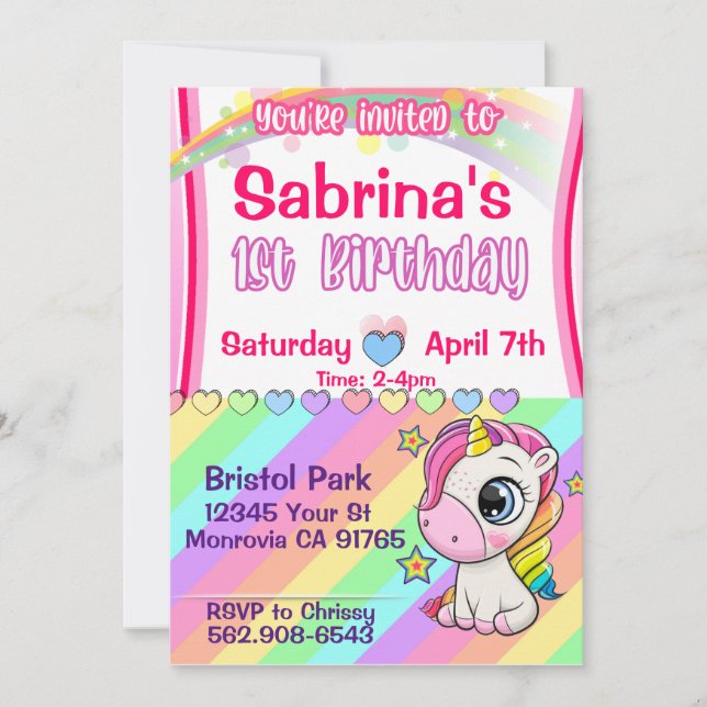 Cute baby Unicorn First birthday invitation (Front)