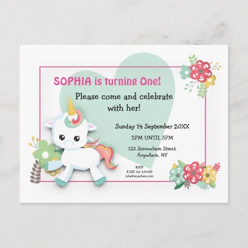 Cute Baby Unicorn First Birthday Invitation Postcard