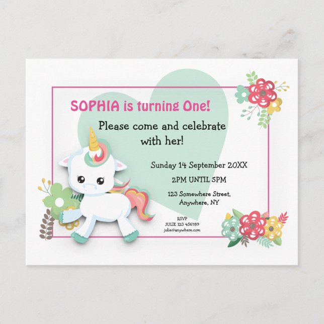 Cute Baby Unicorn First Birthday Invitation Postcard (Front)