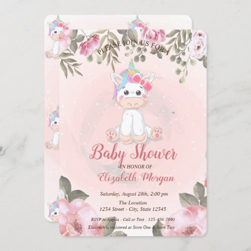 Cute Baby Unicorn Floral Baby Shower Invitation