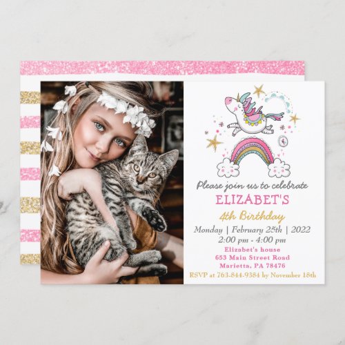 Cute Baby Unicorn Girl Birthday Photo Invitation