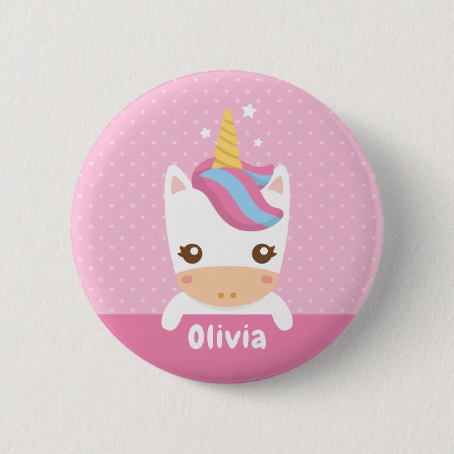 Cute Baby Unicorn Girls Pink Personalized Button (Front)