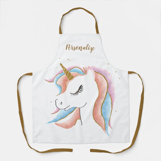 Cute Baby Unicorn Pastel Pink & Blue Gold Horn Apron (Front)