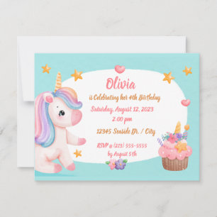 Cute Baby Unicorn Pastel Rainbow Cupcake Birthday Invitation