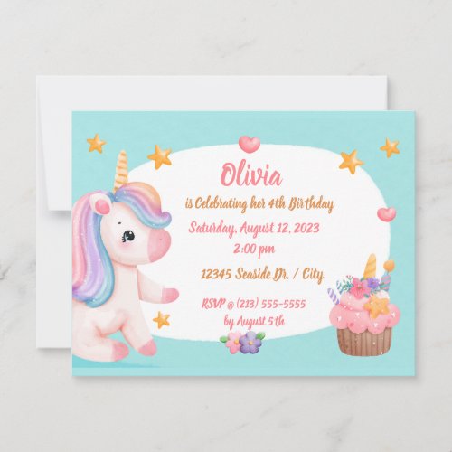 Cute Baby Unicorn Pastel Rainbow Cupcake Birthday Invitation