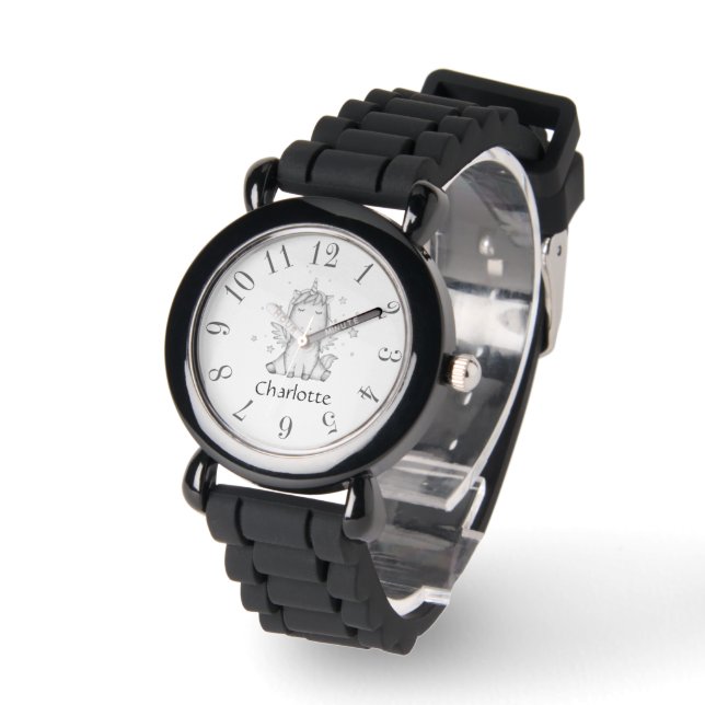 Cute Baby Unicorn Personalized Black & White Watch (Angle)