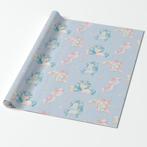 Cute Baby Unicorn Pink Blue Pastel Nursery Child Wrapping Paper