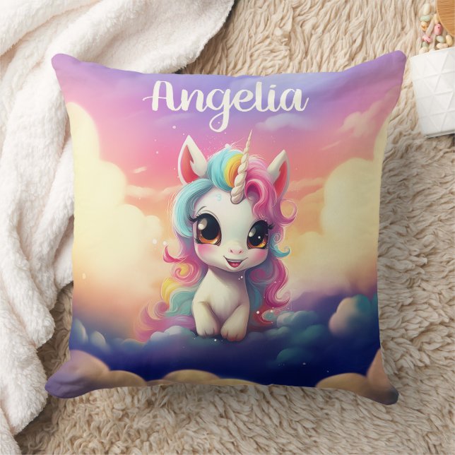 Cute Baby Unicorn Pink Purple Sky Throw Pillow (Blanket)